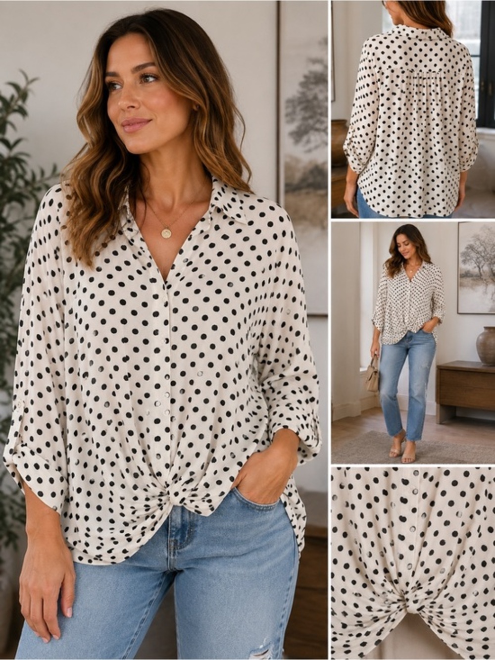 Just Living Polka Dot Twist Front Button Blouse Medium Black White Parisian